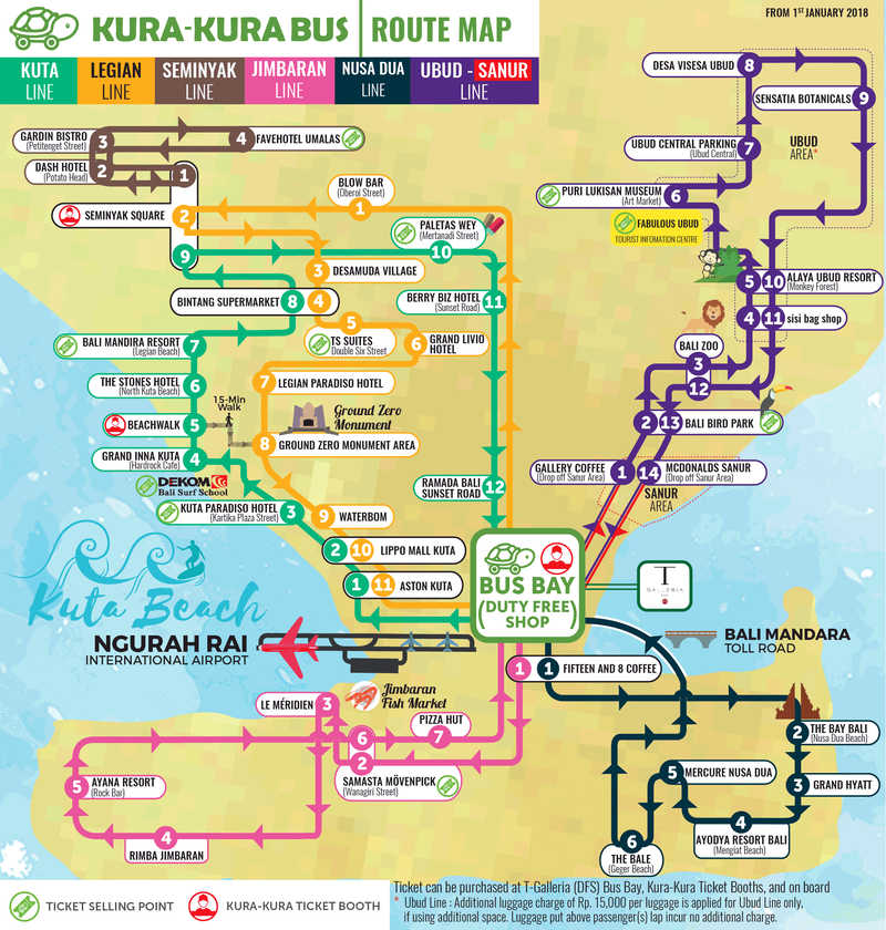 Se déplacer à Bali en Indonésie - Kura-Kura Bus - Carte des trajets de bus en anglais