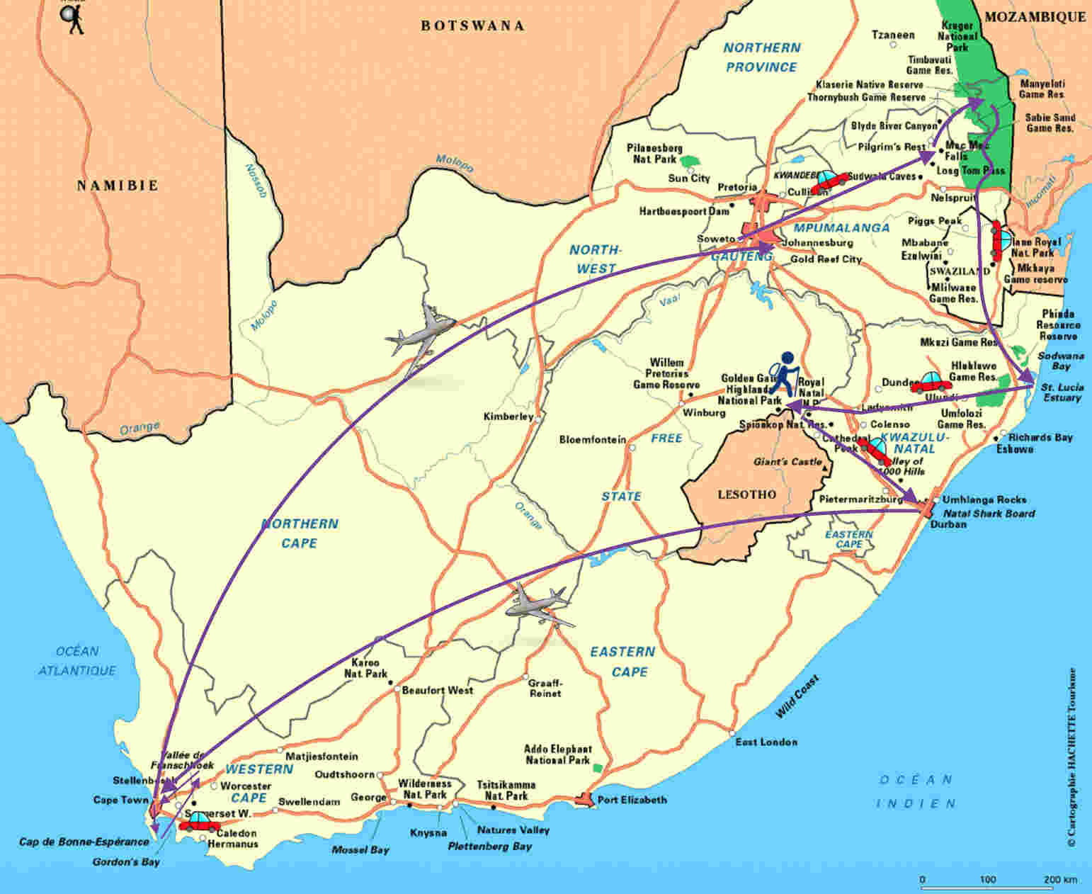 Carte Afrique du Sud - itinéraire 3 semaines