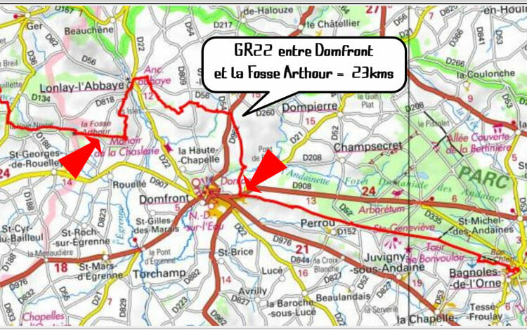Randonnée en Normandie - Carte du GR22 entre Domfront et la Fosse Arthour