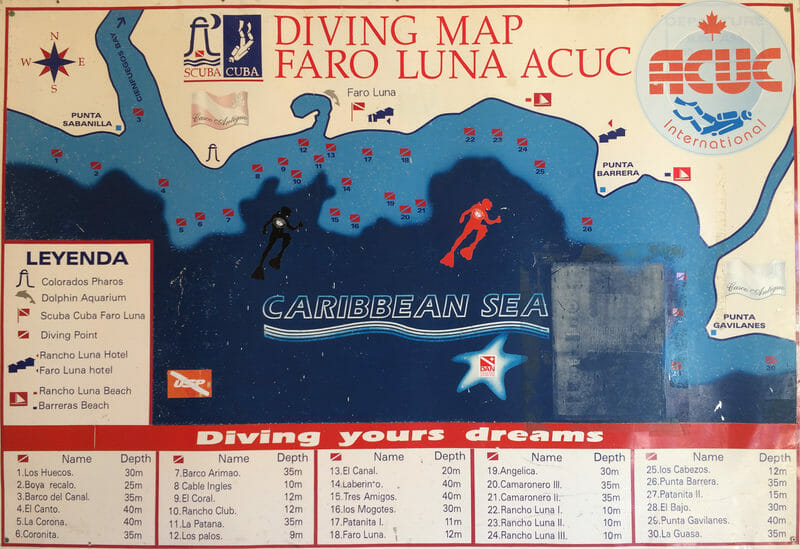 Plongée à Cuba - Carte des plongées du centre Faro Luna - Rancho luna - Cuba