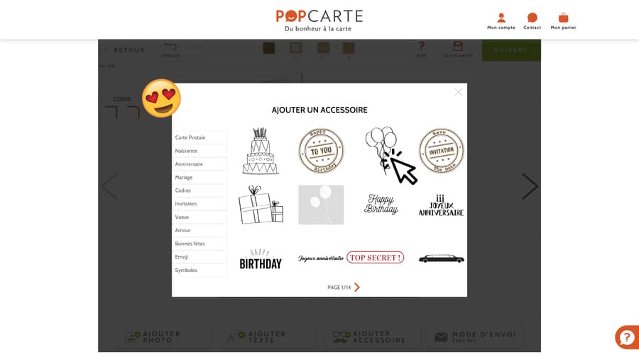 Ecran de choix des accessoires - Popcarte